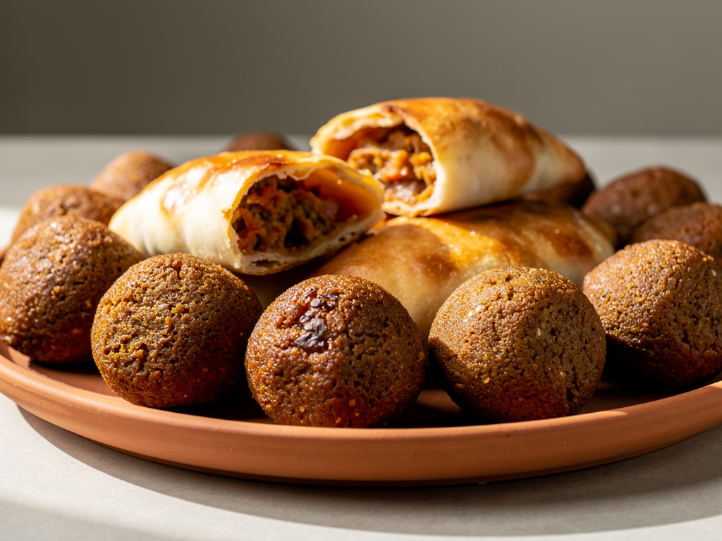 A close-up of golden esfihas and crispy kibbeh on a terracotta plate.