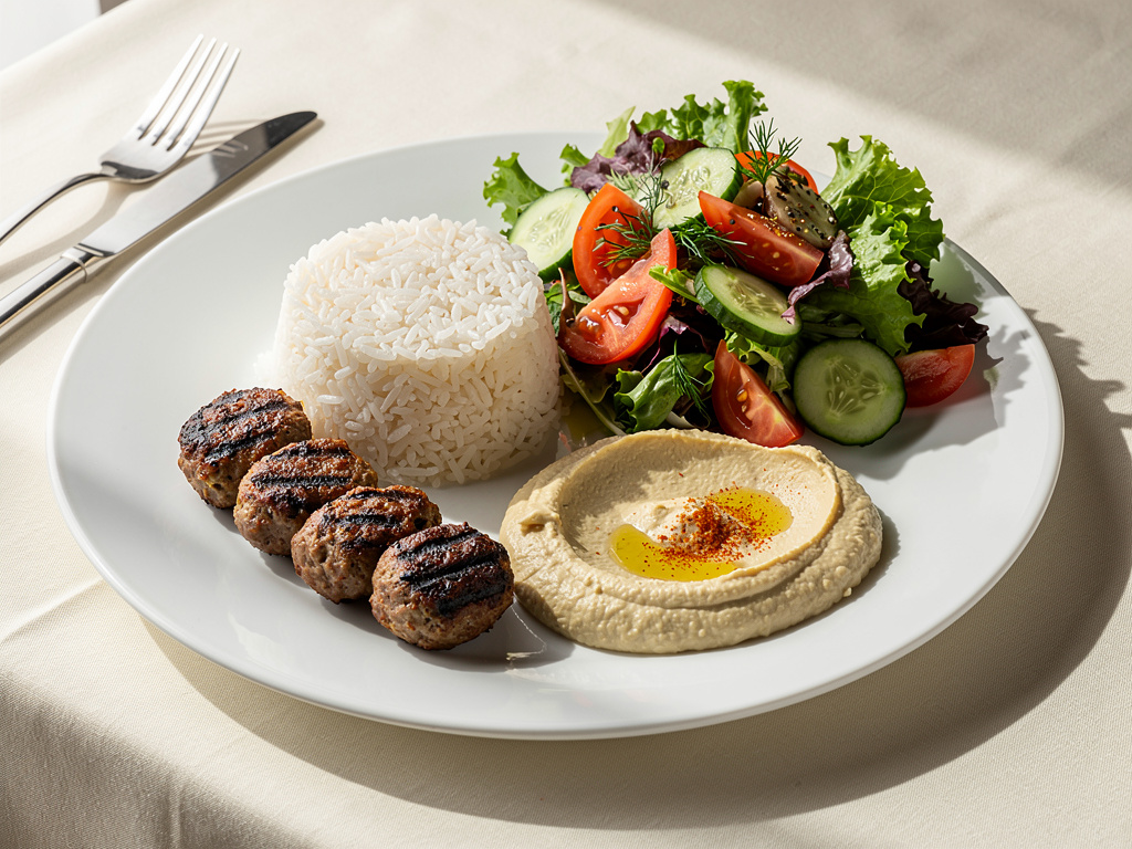 A single set lunch plate with kafta, rice, salad and hummus on a cream tablecloth.
