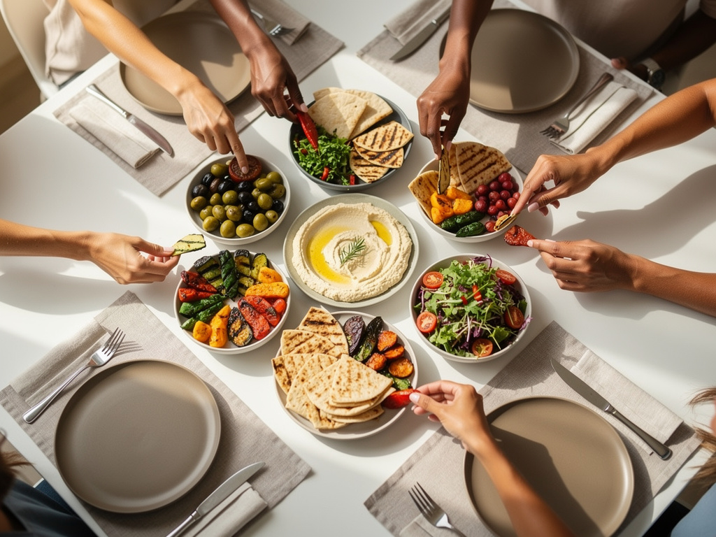 Hands reaching for shared platters of mezze in the center of a table.