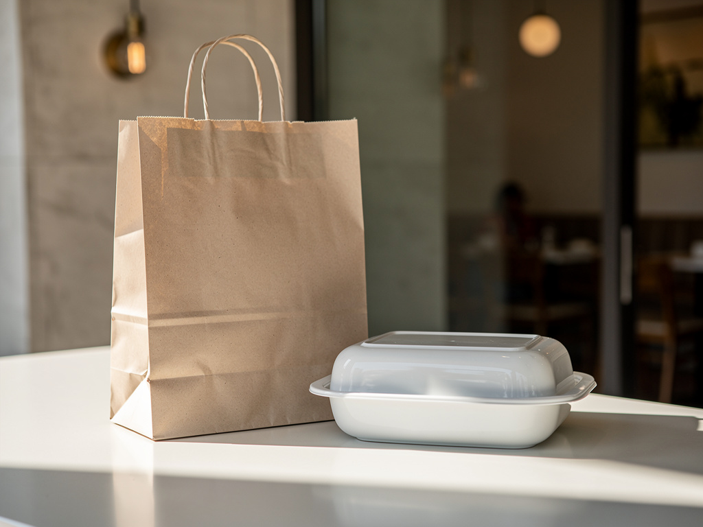 A takeout bag and a covered dish resting on a restaurant counter near the entrance.