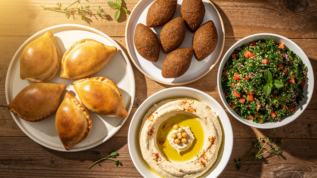 A warm, overhead shot of a wooden table filled with esfihas, kibbeh, hummus drizzled with olive oil and a bowl of tabbou