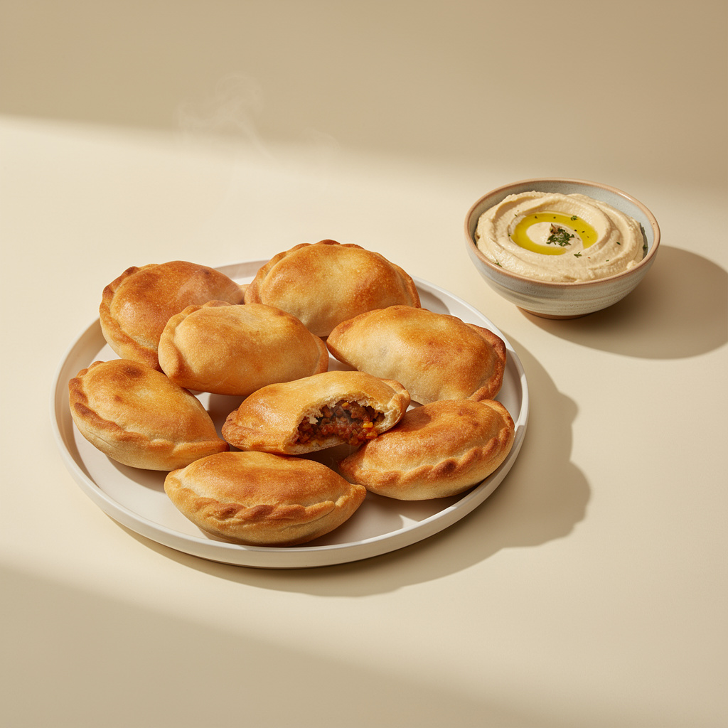 A plate of freshly baked esfihas on a clean cream-colored surface with a small bowl of hummus beside it.