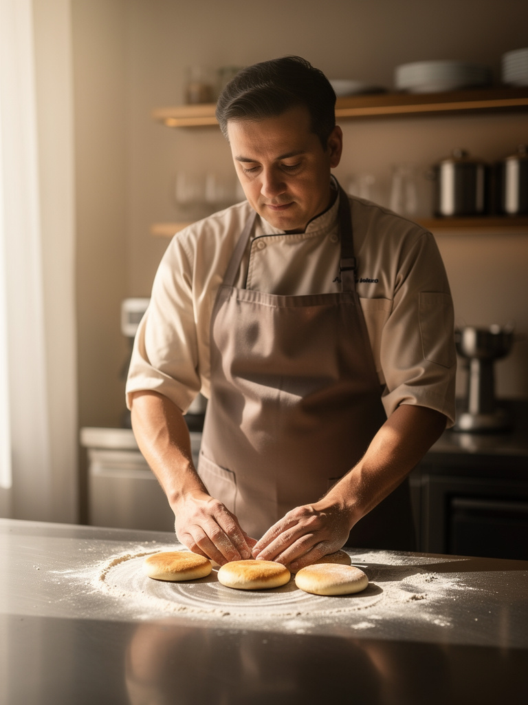 A cook seen from behind shaping esfihas on a floured counter in a warm restaurant kitchen.